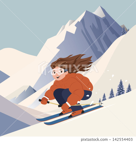 Happy woman skiing down mountain vector illustration Happy woman skiing down mountain vector illustration 142554403