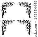 Halloween corner design set with spooky dead trees, ravens, bats and moon silhouette 142554449
