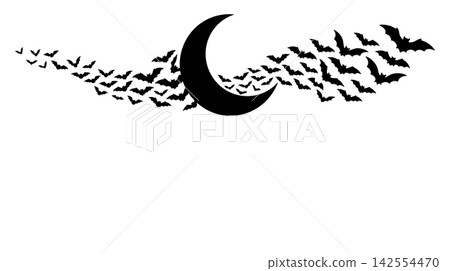 Halloween banner with crescent moon and swarm of flying bats silhouette Halloween banner with crescent moon and swarm of flying bats silhouette 142554470