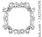 Cute Halloween round frame with kawaii skulls, bones and spider webs vector outline 142554476