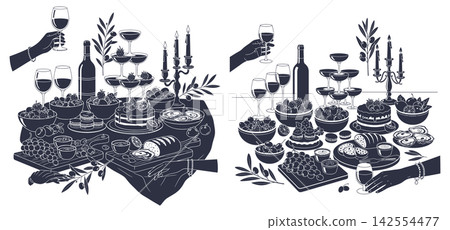 Elegant table setting with wine glasses cakes and olives in a classic line art style Elegant table setting with wine glasses cakes and olives in a classic line art style 142554477