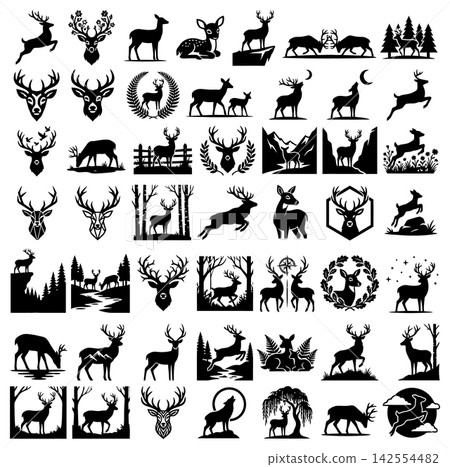 Extensive collection of black deer silhouettes in various forest settings and stylized wildlife art compositions Extensive collection of black deer silhouettes in various forest settings and stylized wildlife art compositions 142554482