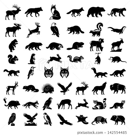 Extensive collection of wild animal silhouettes including mammals birds and forest creatures in black style Extensive collection of wild animal silhouettes including mammals birds and forest creatures in black style 142554485