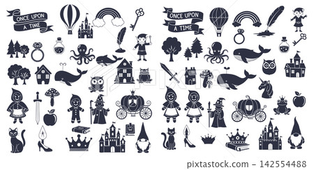 Fairytale themed vector silhouette set featuring castles and magical characters for fantasy book cover designs Fairytale themed vector silhouette set featuring castles and magical characters for fantasy book cover designs 142554488