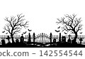Spooky Halloween cemetery border with wrought iron fence, dead trees, gravestones and bats silhouette vector 142554544