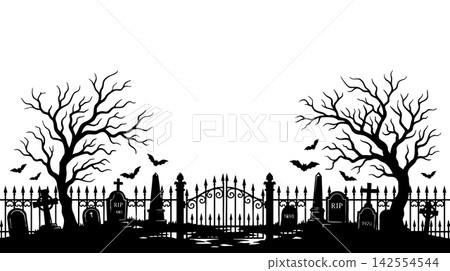 Spooky Halloween cemetery border with wrought iron fence, dead trees, gravestones and bats silhouette vector Spooky Halloween cemetery border with wrought iron fence, dead trees, gravestones and bats silhouette vector 142554544