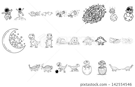 Friendly dinosaur character standing and smiling, outline illustration for kids coloring book and learning activities Friendly dinosaur character standing and smiling, outline illustration for kids coloring book and learning activities 142554546