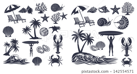 Graphic collection of beach themed elements featuring tropical palms sea shells and ocean waves in silhouette Graphic collection of beach themed elements featuring tropical palms sea shells and ocean waves in silhouette 142554571