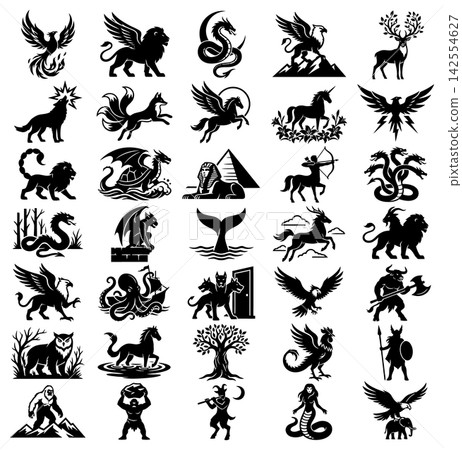 Graphic set of mythical beasts and legendary fantasy creatures depicted in bold black ink drawing style 142554627