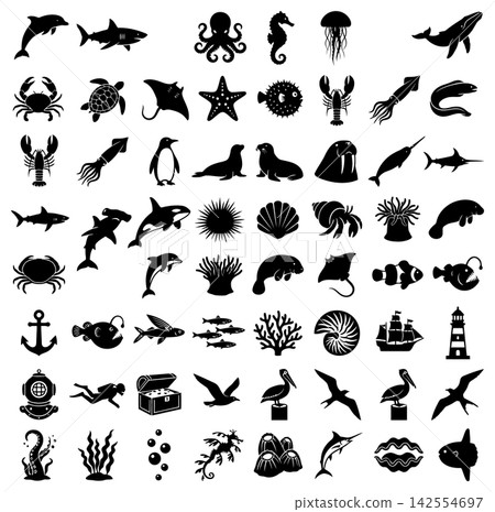 Collection of various black sea creature silhouettes representing marine biodiversity for creative design projects and icons 142554697