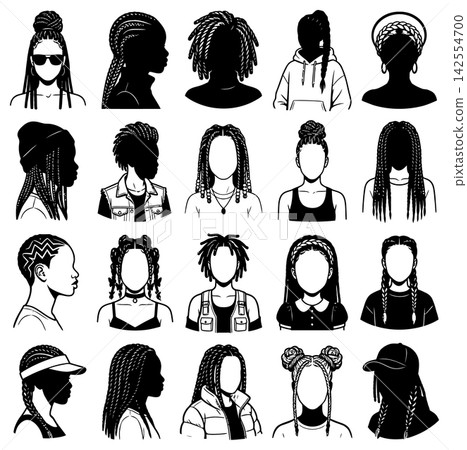 Collection of various braided hairstyle silhouettes for women presented in minimalist black and white vector Collection of various braided hairstyle silhouettes for women presented in minimalist black and white vector 142554700