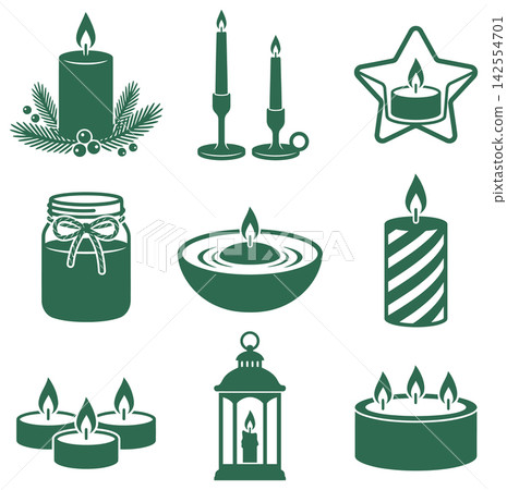 Collection of various candle types and candle holders in simple flat silhouette vector art style Collection of various candle types and candle holders in simple flat silhouette vector art style 142554701
