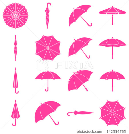 Collection of various pink umbrella icons in different styles for weather and rain protection concepts Collection of various pink umbrella icons in different styles for weather and rain protection concepts 142554765