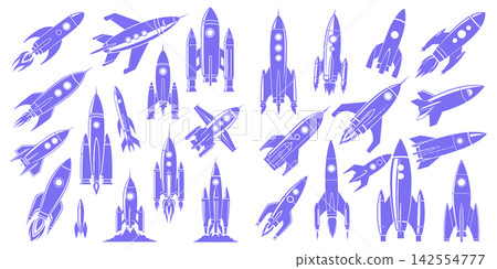 Collection of various retro spaceship and rocket launch designs for space exploration graphic projects Collection of various retro spaceship and rocket launch designs for space exploration graphic projects 142554777