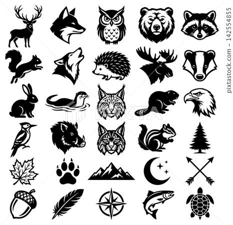 Collection of wild animal icons including deer wolf bear and forest elements in minimalist style 142554855