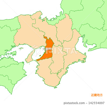 Osaka Prefecture, Osaka, Prefecture name included, Solid orange color, Kinki region Osaka Prefecture, Osaka, Prefecture name included, Solid orange color, Kinki region 142554897