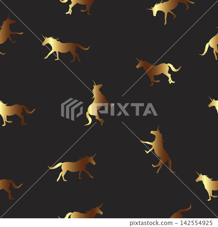 Seamless pattern golden Unicorns silhouettes running on black background. Magical horses repetitive texture, vector design eps 10 Seamless pattern golden Unicorns silhouettes running on black background. Magical horses repetitive texture, vector design eps 10 142554925