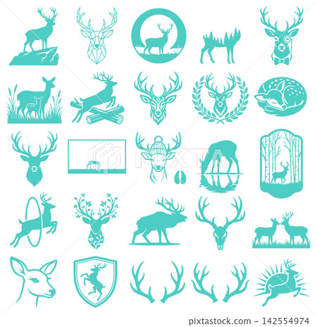 Comprehensive collection of deer and stag icons featuring antlers and forest wildlife in minimalist design style 142554974