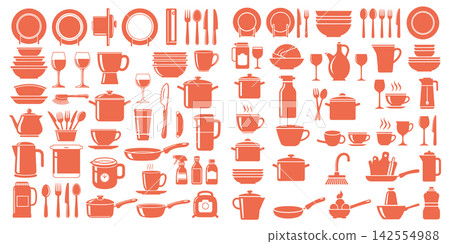 Comprehensive collection of kitchenware and tableware vector icons featuring pots pans utensils and plates Comprehensive collection of kitchenware and tableware vector icons featuring pots pans utensils and plates 142554988