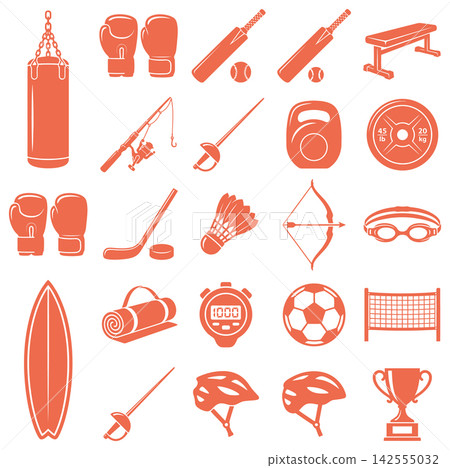 Comprehensive sport equipment icon set featuring various athletic items in a simple flat vector style Comprehensive sport equipment icon set featuring various athletic items in a simple flat vector style 142555032
