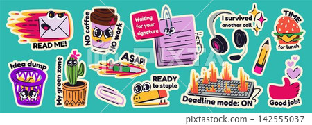 Cute office sticker pack with funny doodle icons Cute office sticker pack with funny doodle icons 142555037