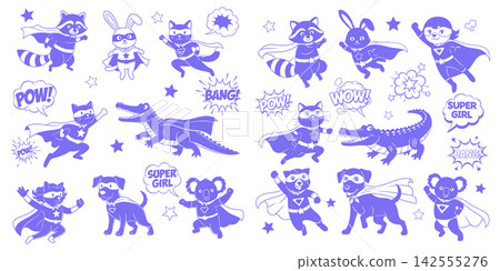 Cute cartoon superhero animal vector set with capes and masks for kids comic book art Cute cartoon superhero animal vector set with capes and masks for kids comic book art 142555276