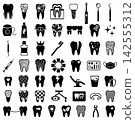 Dental and oral health vector icon set featuring teeth hygiene tools and professional medical procedures 142555312