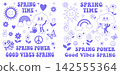Cute spring themed vector sticker set with smiling sun and flower characters for seasonal decor 142555364
