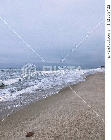 Empty sandy beach with soft waves under cloudy sky, minimal coastal landscape with calm and atmospheric mood Empty sandy beach with soft waves under cloudy sky, minimal coastal landscape with calm and atmospheric mood 142555422