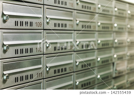 Close-up of Numbered Metal Mailboxes in Repeating Rows Close-up of Numbered Metal Mailboxes in Repeating Rows 142555439