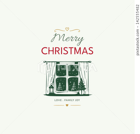 Merry Christmas Greeting with Cozy Window Illustration Merry Christmas Greeting with Cozy Window Illustration 142555482