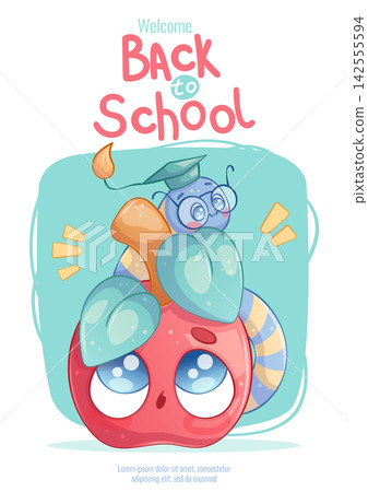 The "Back to School" poster with cute cartoon characters. An apple and a worm in glasses and a student hat. Knowledge, study, college. Handwritten inscription. Vector school illustration The "Back to School" poster with cute cartoon characters. An apple and a worm in glasses and a student hat. Knowledge, study, college. Handwritten inscription. Vector school illustration 142555594