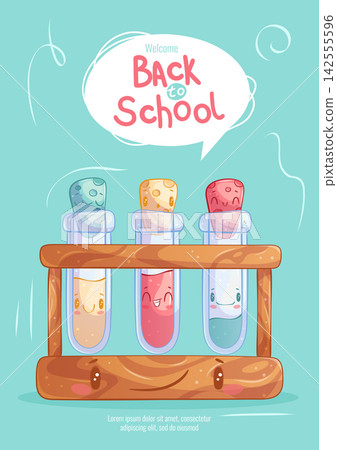 The "Back to School" poster with a cute cartoon character. A stand with laboratory test tubes for scientific research. Knowledge, study, college. Handwritten inscription. Vector school illustration The "Back to School" poster with a cute cartoon character. A stand with laboratory test tubes for scientific research. Knowledge, study, college. Handwritten inscription. Vector school illustration 142555596
