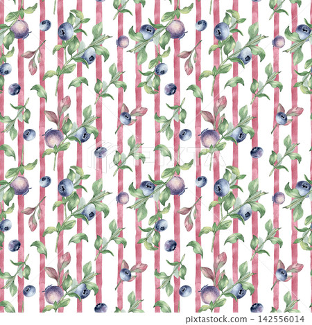 Watercolor berries on pink striped repeat background isolated. Blueberry twigs beauty seamless pattern hand drawn. Bright modern surface design with garden fruits repeat for textile or backdrop. Watercolor berries on pink striped repeat background isolated. Blueberry twigs beauty seamless pattern hand drawn. Bright modern surface design with garden fruits repeat for textile or backdrop. 142556014