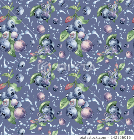 Fresh summer fruit seamless pattern on blue background. Watercolor blueberry repeat with green leaves and water splash hand drawn. Berry endless design for packaging or kitchen textile design. 142556016