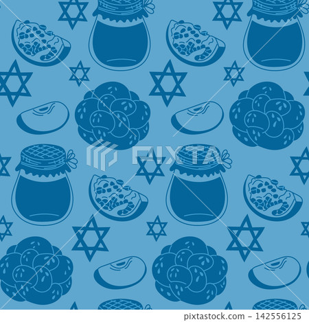Jewish pattern featuring blue background with Star of David, honey jars, pomegranates, and traditional sweets, suitable for holiday-themed designs and decorations Jewish pattern featuring blue background with Star of David, honey jars, pomegranates, and traditional sweets, suitable for holiday-themed designs and decorations 142556125