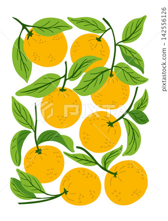 Orange fruit illustration with green leaves arranged in a pattern, showcasing vibrant colors and a playful design suitable for various creative projects Orange fruit illustration with green leaves arranged in a pattern, showcasing vibrant colors and a playful design suitable for various creative projects 142556126