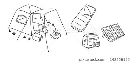 Camping set illustration featuring a tent, sleeping bag, portable power station, solar panel, and campfire, ideal for outdoor enthusiasts and adventure planning Camping set illustration featuring a tent, sleeping bag, portable power station, solar panel, and campfire, ideal for outdoor enthusiasts and adventure planning 142556133