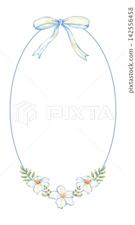 Oval blue floral frame with ribbon bow and white flowers for wedding invitation. For first communion, baptism, save the date greeting card. Hand drawn. Copy space. Isolated. Watercolor illustration Oval blue floral frame with ribbon bow and white flowers for wedding invitation. For first communion, baptism, save the date greeting card. Hand drawn. Copy space. Isolated. Watercolor illustration 142556458