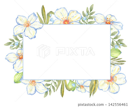 White floral watercolor frame template with soft blue flowers and green foliage for spring invitation background and stationery design. For wedding, first communion, baptism, save the date. Copy space White floral watercolor frame template with soft blue flowers and green foliage for spring invitation background and stationery design. For wedding, first communion, baptism, save the date. Copy space 142556461