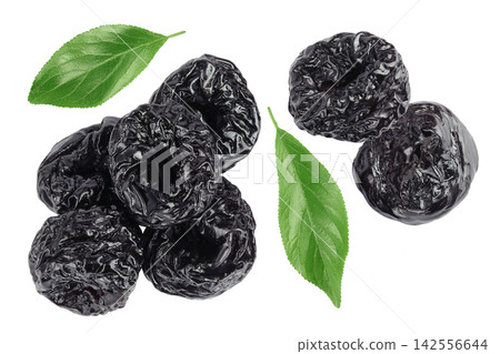 Prunes isolated on white background, heap of dried plums. Top view. Flat lay 142556644