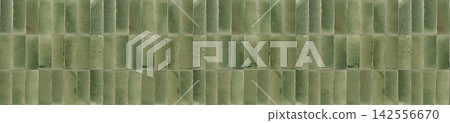 Panoramic banner of olive green ceramic tiles in vertical pattern for rustic kitchen backsplash Panoramic banner of olive green ceramic tiles in vertical pattern for rustic kitchen backsplash 142556670