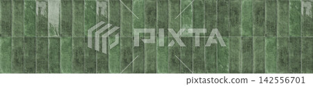 Panoramic view of modern green ceramic wall tiles arranged in vertical rectangular block grid pattern Panoramic view of modern green ceramic wall tiles arranged in vertical rectangular block grid pattern 142556701