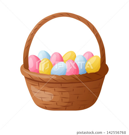 Woven basket filled with colorful Easter eggs in a bright vector style for Easter greeting cards, festive invitations, spring packaging, children's activities, seasonal prints 142556768