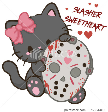 Cute Chibi Black Cat With Pink Bow Hugging Bloody Slasher Hockey Mask Slasher Sweetheart Pink Horror Halloween Kawaii Character Illustration 142556813