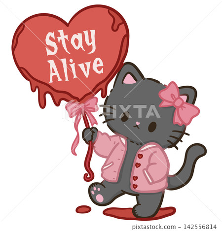 Cute Chibi Black Cat Wearing Pink Jacket Holding Bloody Heart Balloon Stay Alive Final Girl Horror Halloween Kawaii Character Illustration Cute Chibi Black Cat Wearing Pink Jacket Holding Bloody Heart Balloon Stay Alive Final Girl Horror Halloween Kawaii Character Illustration 142556814