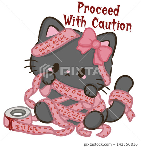 Cute Chibi Black Cat With Pink Bow Tangled In Pink Crime Scene Tape Proceed With Caution Cute Slasher Horror Halloween Kawaii Character Illustration Cute Chibi Black Cat With Pink Bow Tangled In Pink Crime Scene Tape Proceed With Caution Cute Slasher Horror Halloween Kawaii Character Illustration 142556816