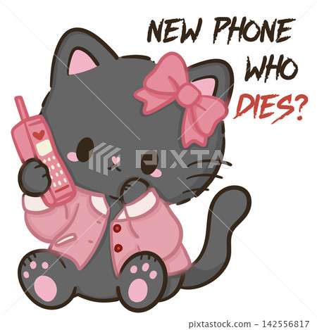 Cute Chibi Black Cat With Pink Bow Holding Retro Phone New Phone Who Dies Final Girl Pink Horror Halloween Kawaii Character Illustration 142556817