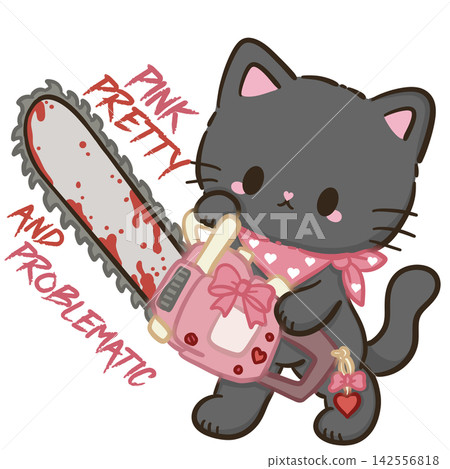 Cute Chibi Black Cat Holding Pink Bloody Chainsaw Pink Pretty And Problematic Final Girl Slasher Horror Halloween Kawaii Character Illustration Cute Chibi Black Cat Holding Pink Bloody Chainsaw Pink Pretty And Problematic Final Girl Slasher Horror Halloween Kawaii Character Illustration 142556818