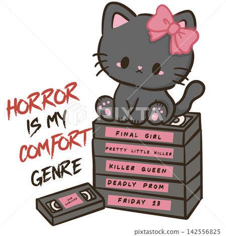 Cute Chibi Black Cat Sitting On Horror VHS Tape Stack Horror Is My Comfort Genre Final Girl Scary Movie Halloween Kawaii Illustration Cute Chibi Black Cat Sitting On Horror VHS Tape Stack Horror Is My Comfort Genre Final Girl Scary Movie Halloween Kawaii Illustration 142556825